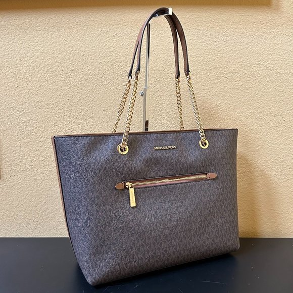 Michael Kors Jet Set Item Large Front Pocket Shoulder Chain Tote Bag MK Brown - Picture 4 of 11